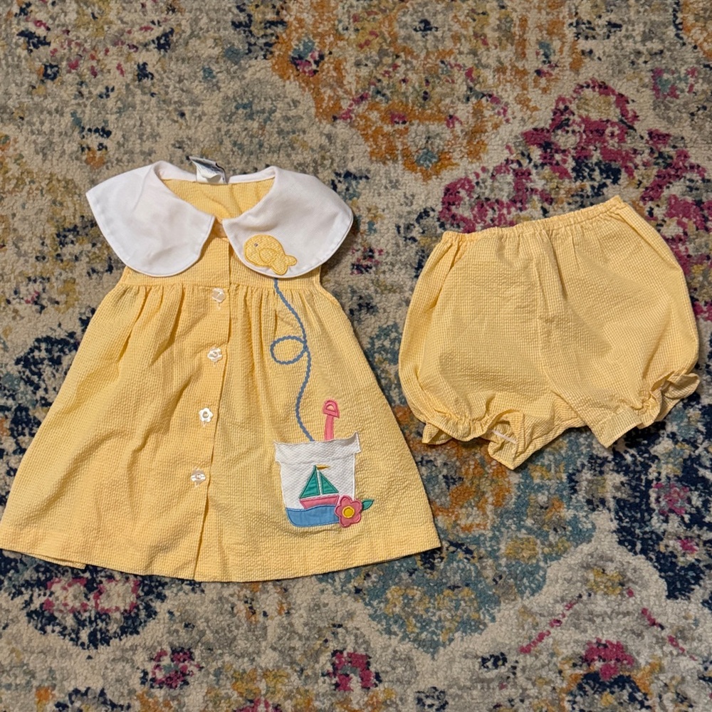 Vintage Yellow Baby Dress and Bloomers Set
